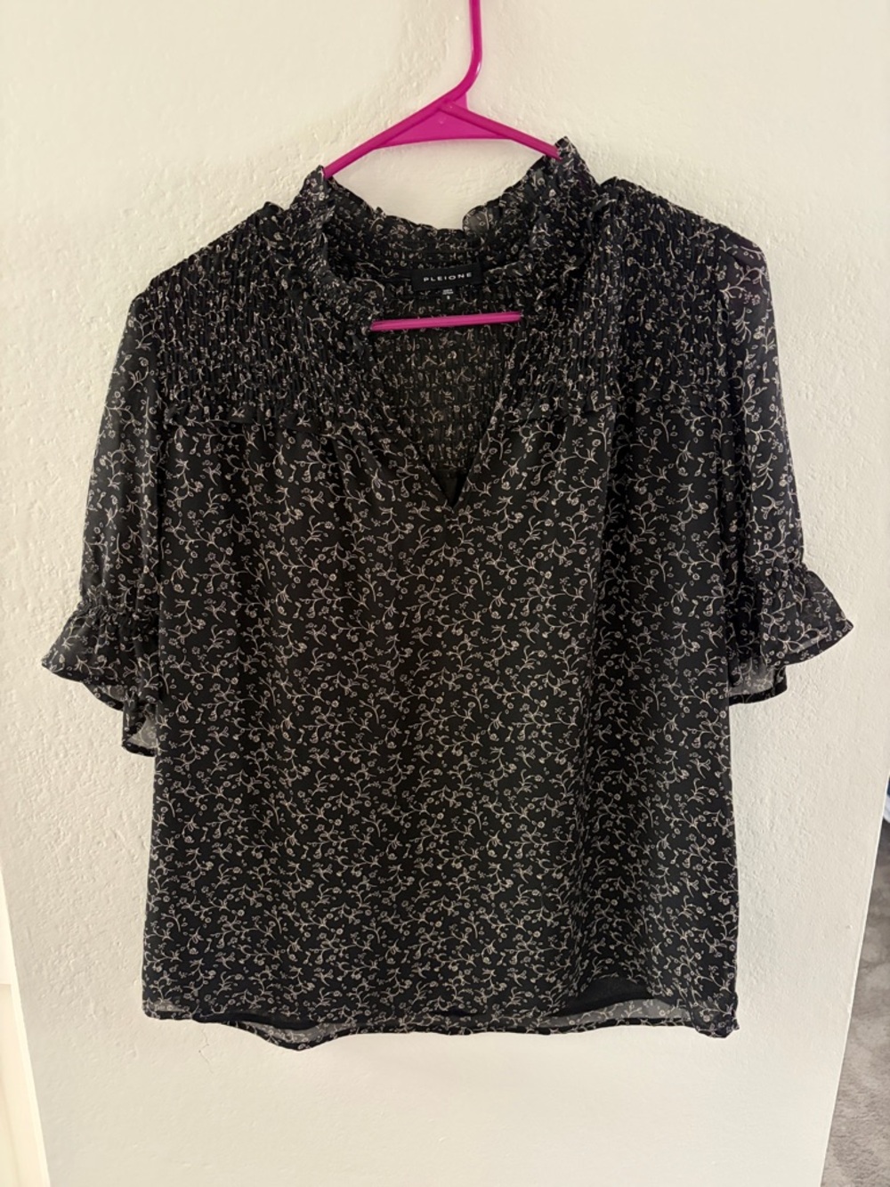 Pleione Black Floral Smocked Yoke Blouse